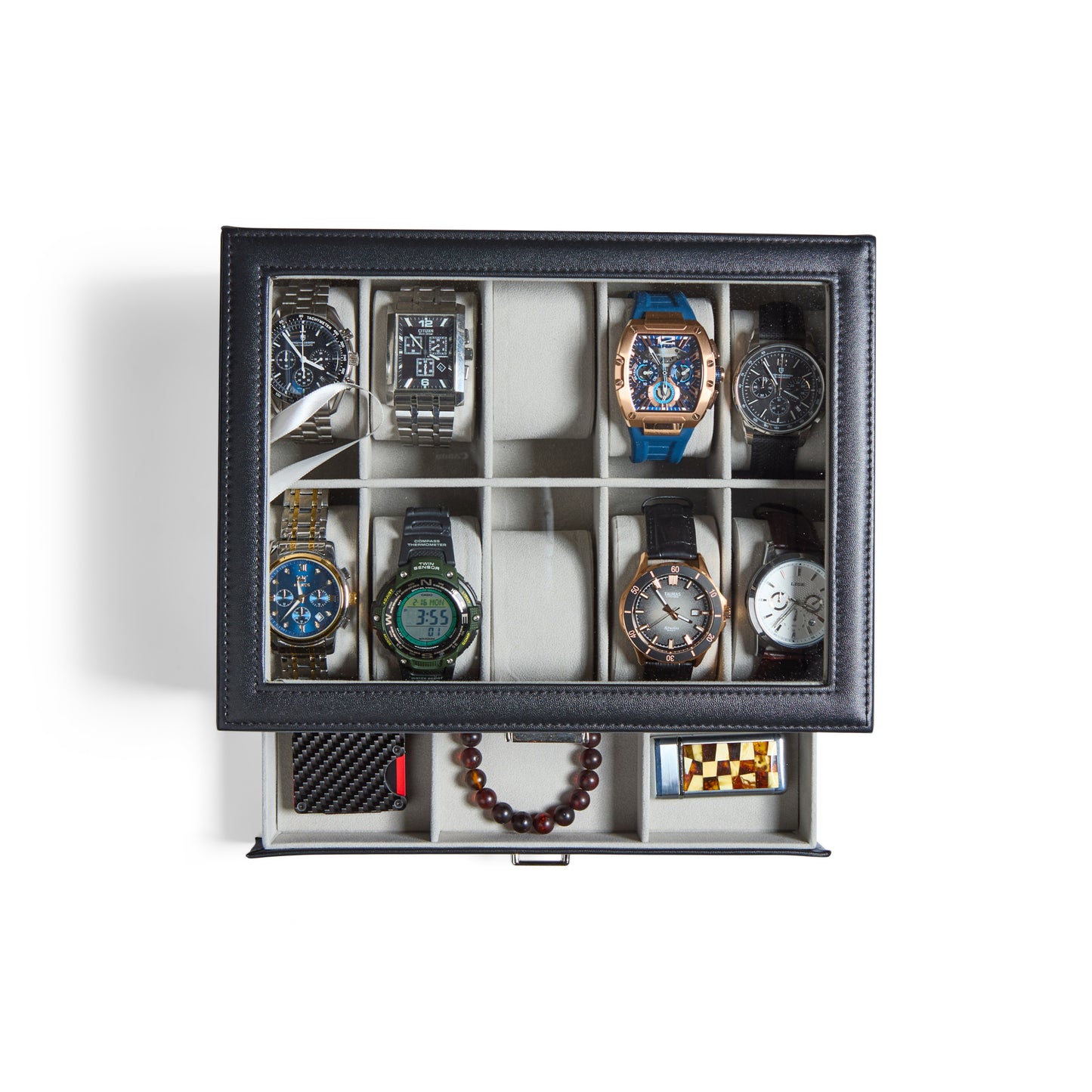 Personalized Leather Watch Box with Jewelry Drawer 10 Slots