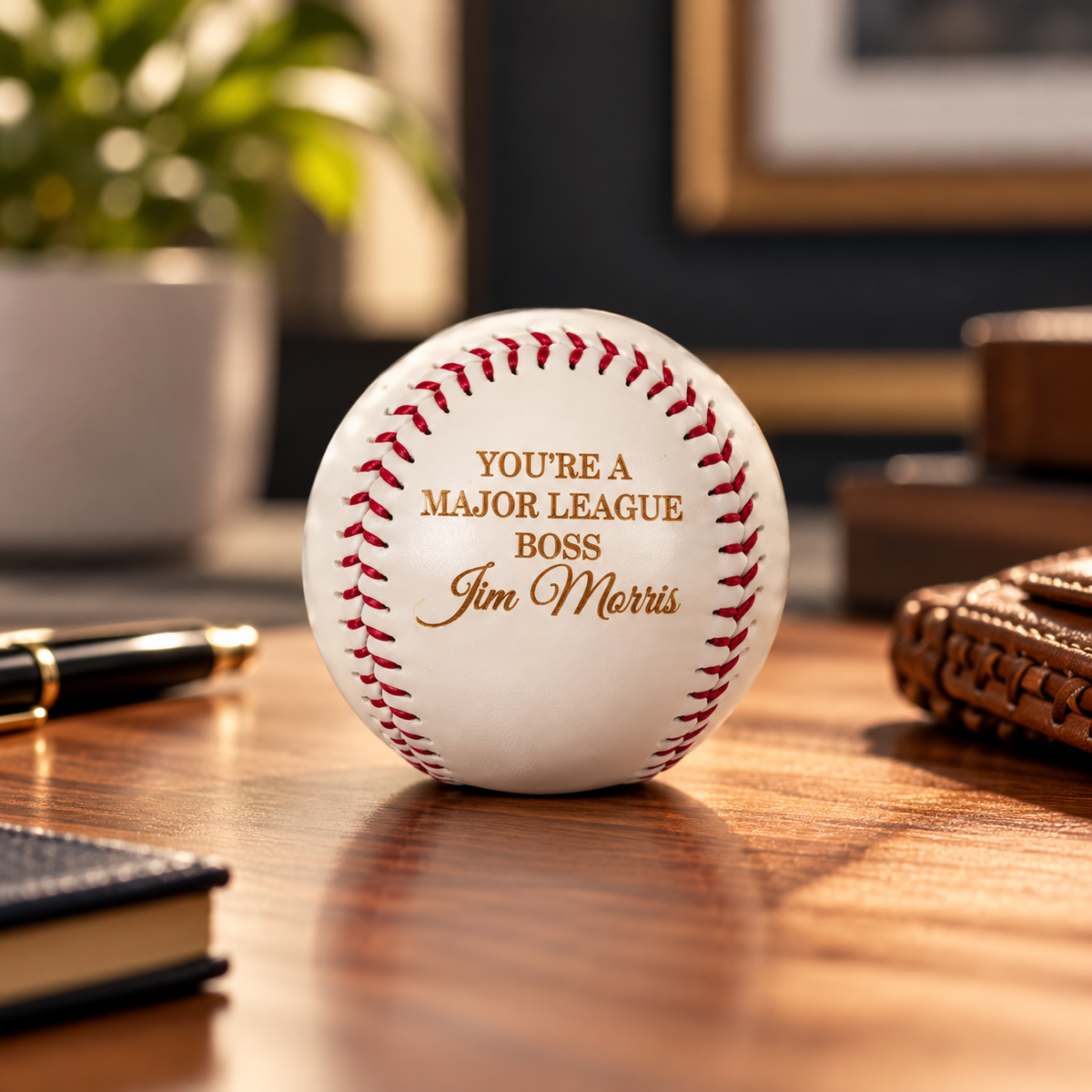 Personalized baseball featuring Thank You Boss message displayed on miniature wooden baseball bat stand