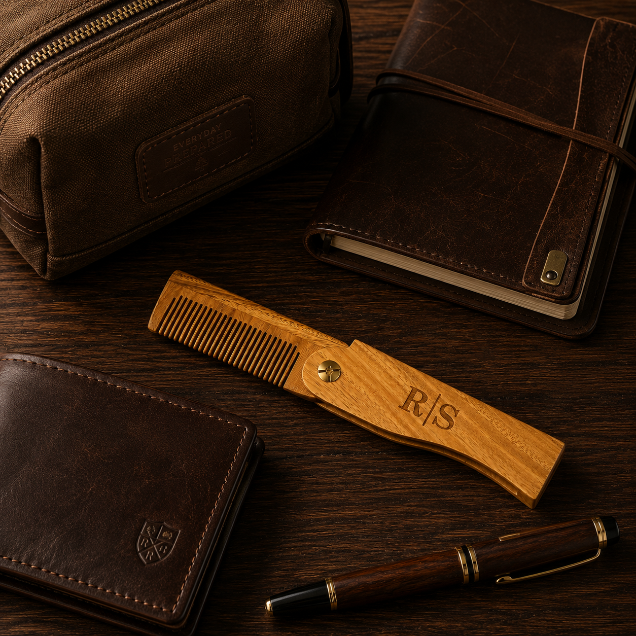 Personalized Folding Sandalwood Comb With Leather Pouch Anniversary Day Gift
