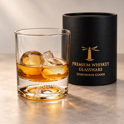 A clear whiskey glass with a gold rim and decorative base, filled with amber liquor and ice, shown beside a black cylindrical gift box labeled 'PREMIUM WHISKEY GLASSWARE' and 'LIGHTHOUSE GOODS'. Engraved Bourbon Decanter Set with Bourbon Glasses - Glass and Decanter, Retirement Gift, Graduation Gift, Groomsmen Gift for Him