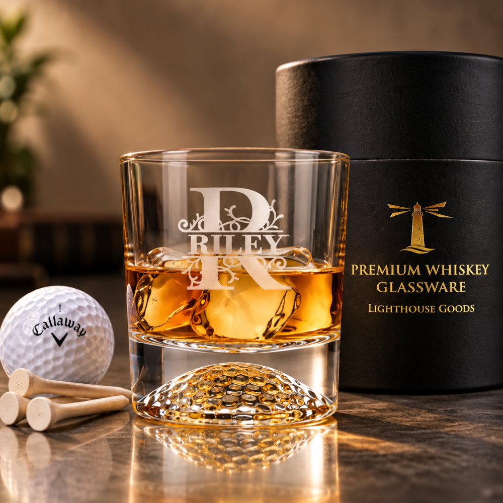 A clear whiskey glass with an etched monogram logo and the words 'Riley & filled with whiskey liquor, shown beside a black cylindrical gift box labeled 'Premium Whiskey Glassware' and a golf ball on a reflective tabletop.