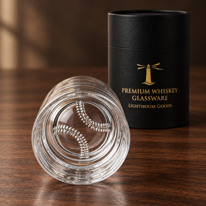 A clear whiskey glass with a coiled stem design, shown beside a black cylindrical gift box labeled 'PREMIUM WHISKEY GLASSWARE' and 'LIGHTHOUSE GOODS' on a wooden surface.