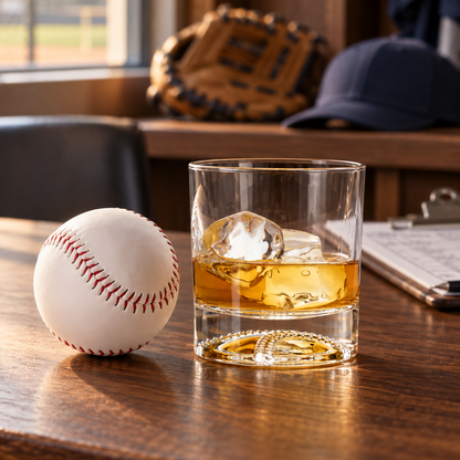 A clear rocks glass with amber whiskey and a large ice cube sits on a wooden table beside a white baseball with red stitching. A baseball glove, cap, and clipboard are blurred in the background near a window.