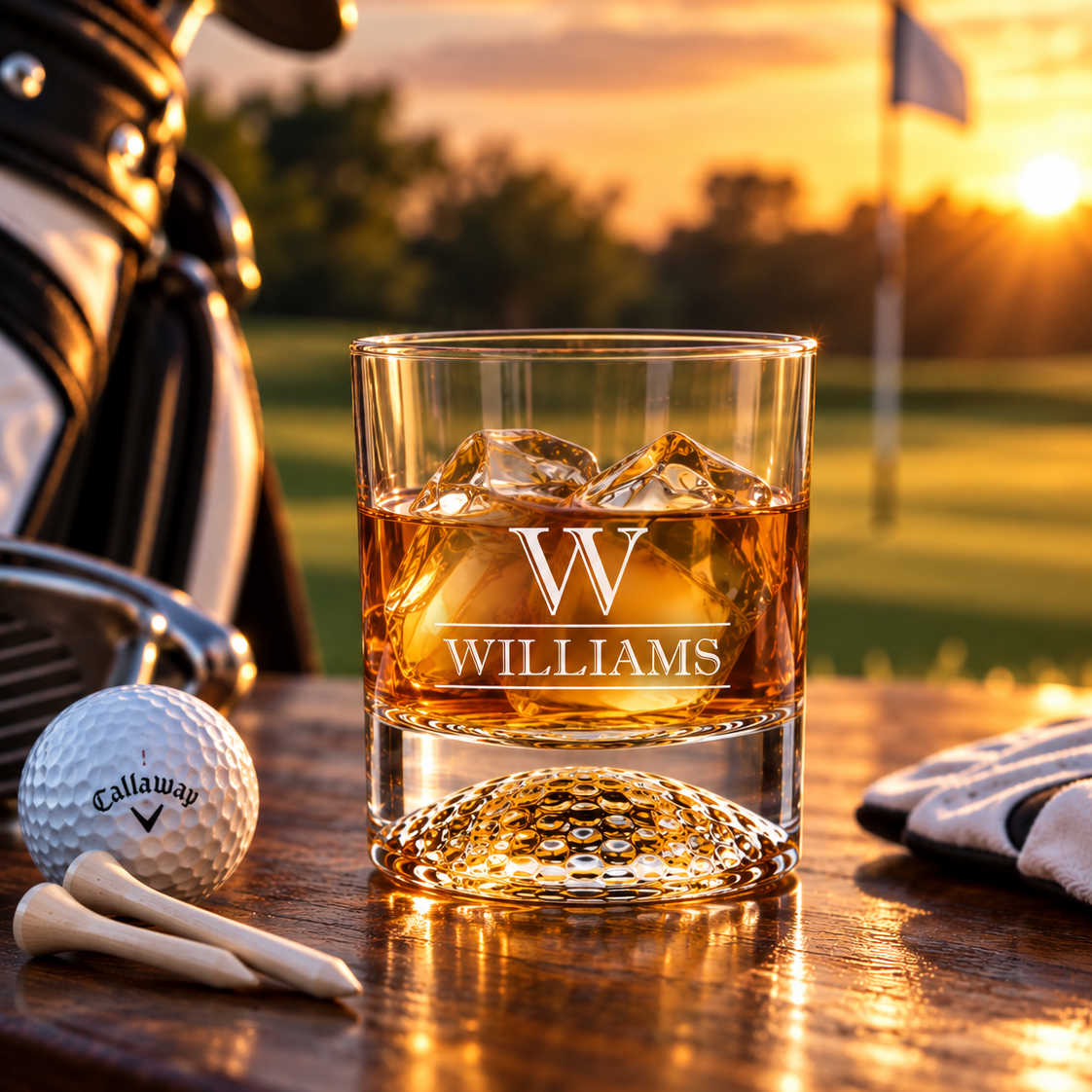 A clear engraved rocks glass filled with amber whiskey sits on a wooden table at sunset, with a golf bag, golf ball, tees, and flag in the background. The glass is engraved with a large letter W and the name WILLIAMS.