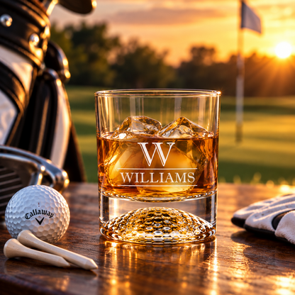 A clear engraved rocks glass filled with amber whiskey sits on a wooden table at sunset, with a golf bag, golf ball, tees, and flag in the background. The glass is engraved with a large letter W and the name WILLIAMS.