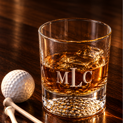 glass of whiskey with 'MLC' initials, with golf ball and tees luxuryPersonalized Golf Ball Whiskey Glass Set Rock Bourbon Glass Groomsmen Gift Golf Father Day Gift Golf Gifts for Men Custom Scotch Glass Chill