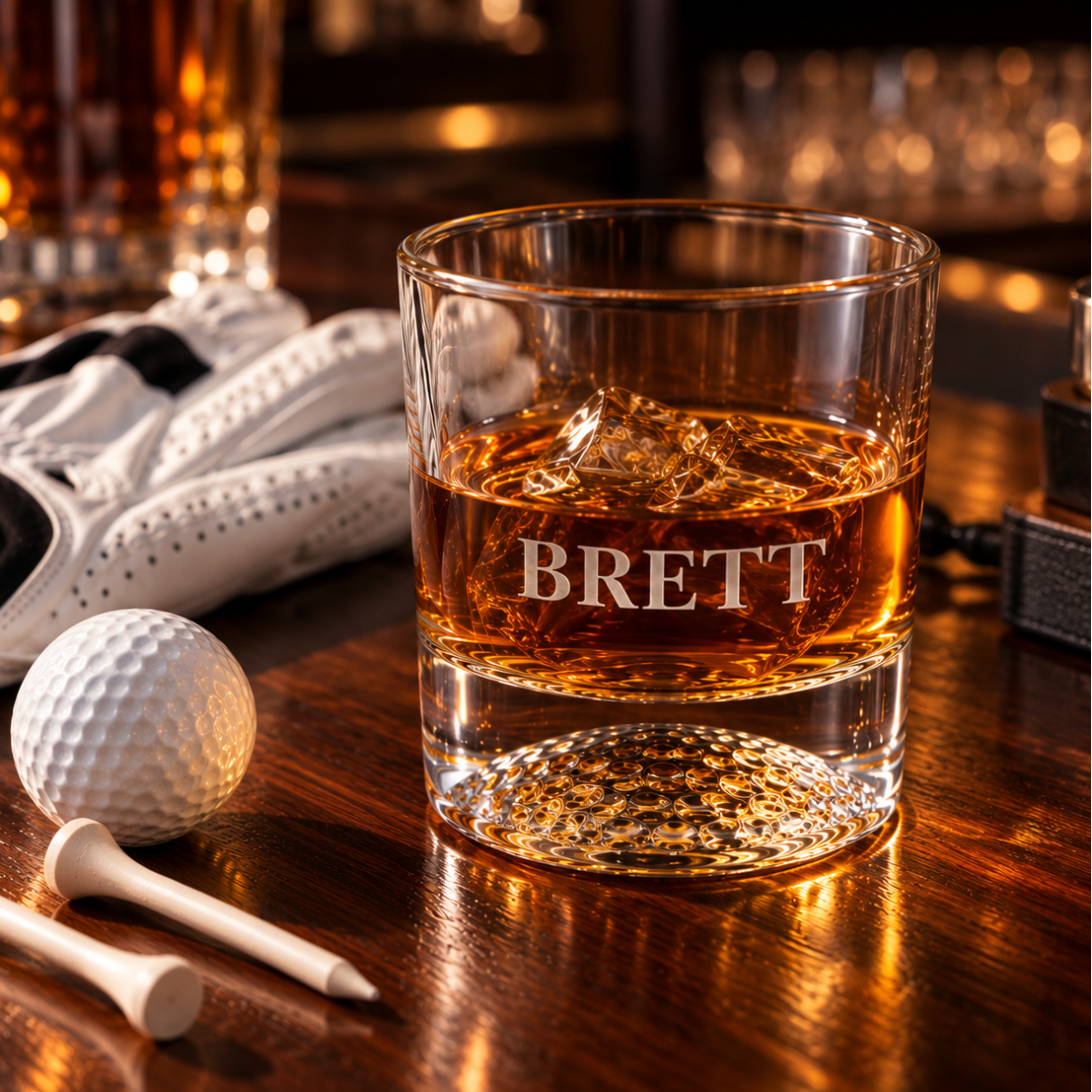 A clear rocks glass with a textured bottom and the name 'BRETT' printed on the front, filled with amber whiskey and an ice cube, set on a wooden bar table with golf props in the background. Personalized Golf Ball Whiskey Glass Gift Set Engraved Golf Rocks Glass with Initials Kit Gifts for Golfers Tees Custom Golf Gift Set Box antler monogram