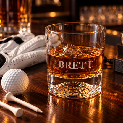A clear rocks glass with a textured bottom and the name 'BRETT' printed on the front, filled with amber whiskey and an ice cube, set on a wooden bar table with golf props in the background. Personalized Golf Ball Whiskey Glass Gift Set Engraved Golf Rocks Glass with Initials Kit Gifts for Golfers Tees Custom Golf Gift Set Box antler monogram