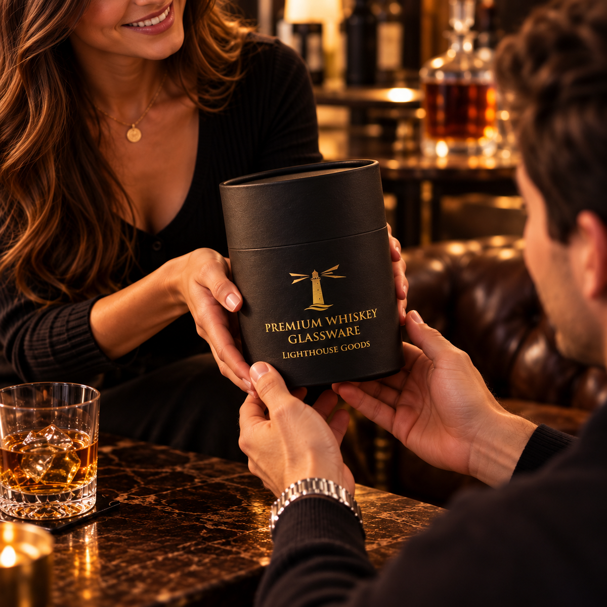 A black cylindrical  luxury black gift box with gold lettering reading 'PREMIUM WHISKEY GLASSWARE LIGHTHOUSE GOODS' is being held across a bar table by two people in a warmly lit bar setting.