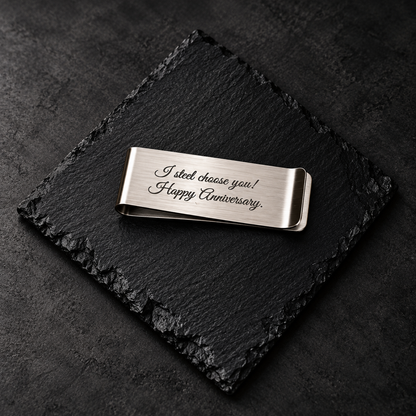 Personalize money clip love message for husband Personalized stainless steel money clip engraved with “I steel choose you! Happy Anniversary.” displayed on black slate with a luxury matte charcoal background. Romantic anniversary gift for husband or boyfriend.