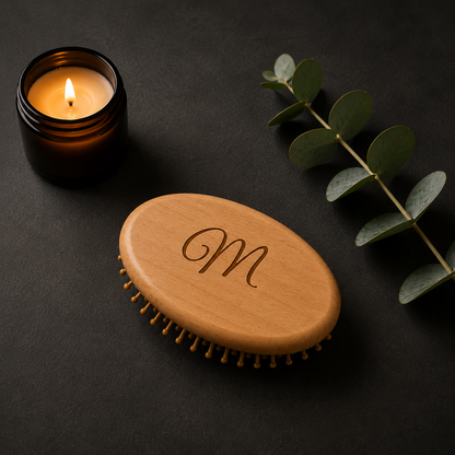 Personalized wooden travel hair brush engraved with a custom name, bamboo bristles gently massage the scalp while detangling hair.
