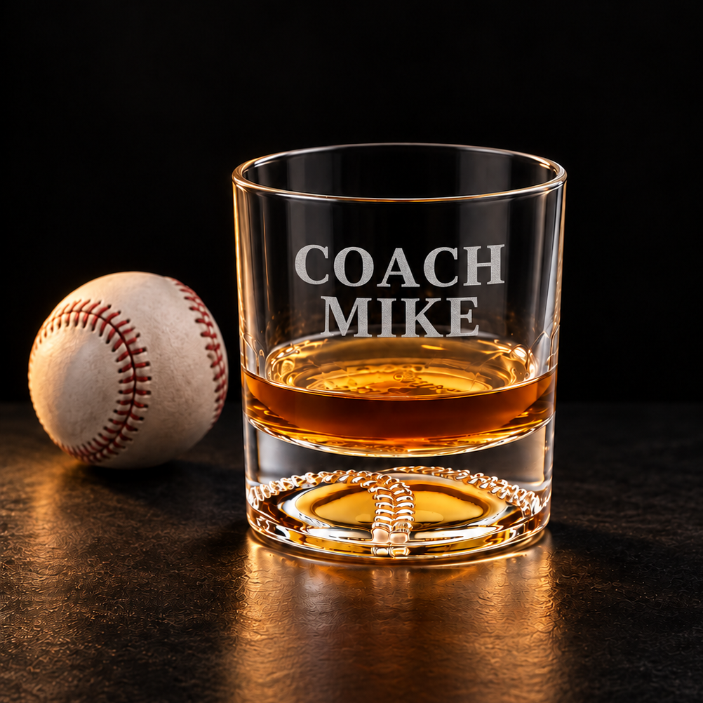 A clear whiskey tumbler engraved with the words 'COACH MIKE' sits on a dark tabletop, partially filled with amber liquor. A baseball rests to the left, and the scene is lit warmly against a black background.