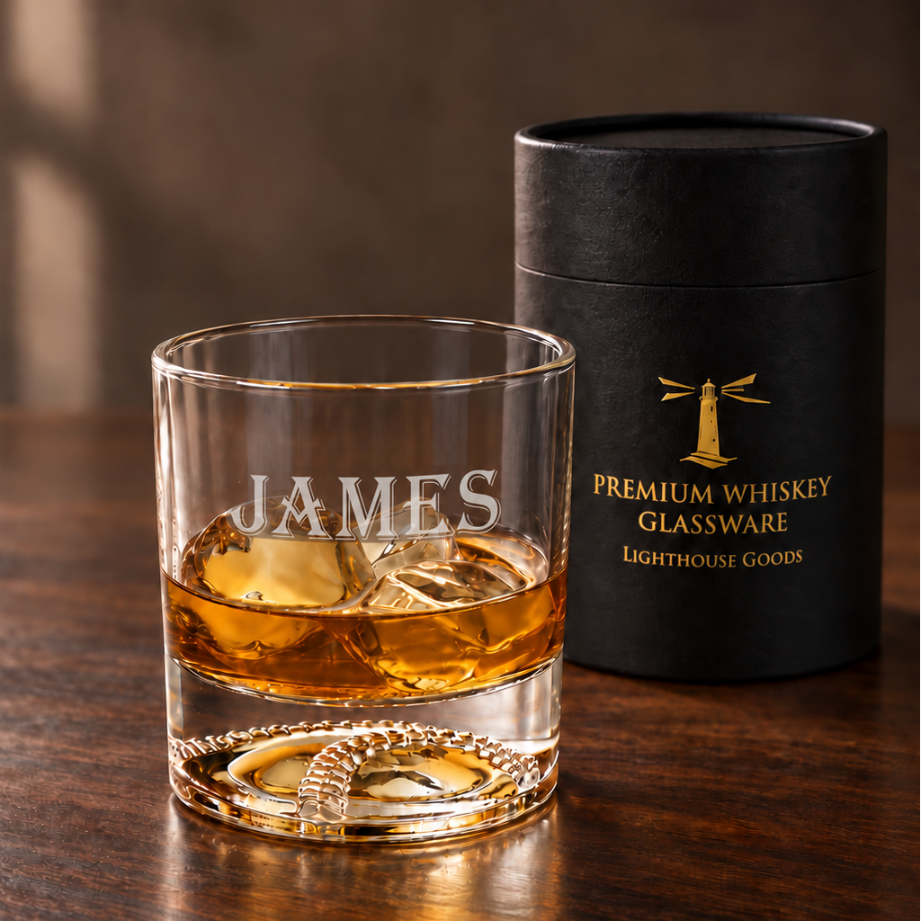 A personalized whiskey glass with the name 'JAMES' etched on the front, filled with amber whiskey and set on a wooden table next to its black cylindrical gift box with gold lettering. Etched Whiskey Glass - Engraved Rocks Glass, Whiskey Lover Gift, Custom Whiskey Glass Gift baseball fan for Him 