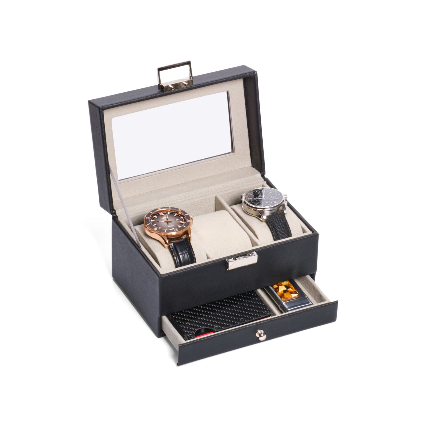 Personalized Leather Watch Box with Jewelry Case 3 Slots