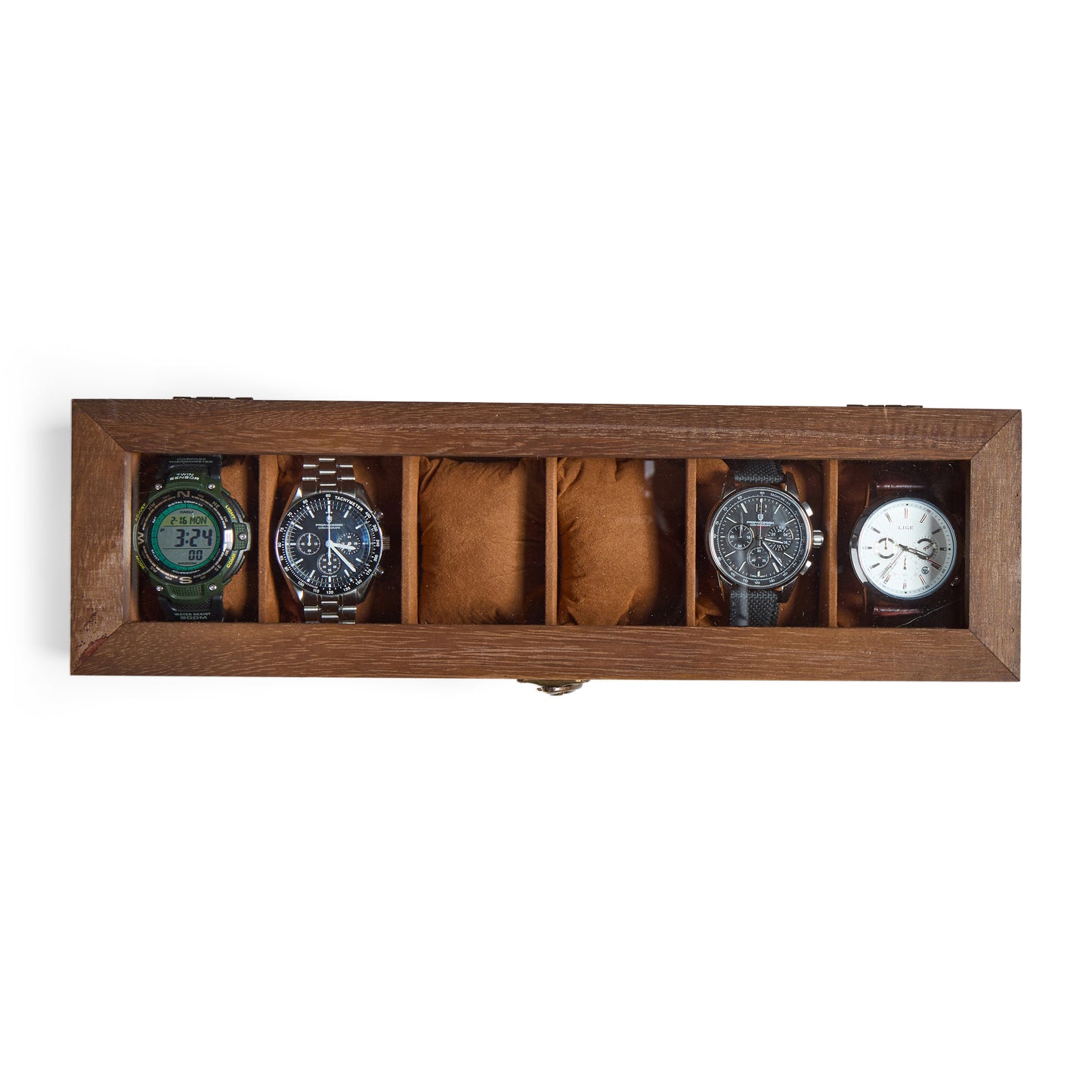 Rustic wooden watch box with personalized initials and premium interior watch case