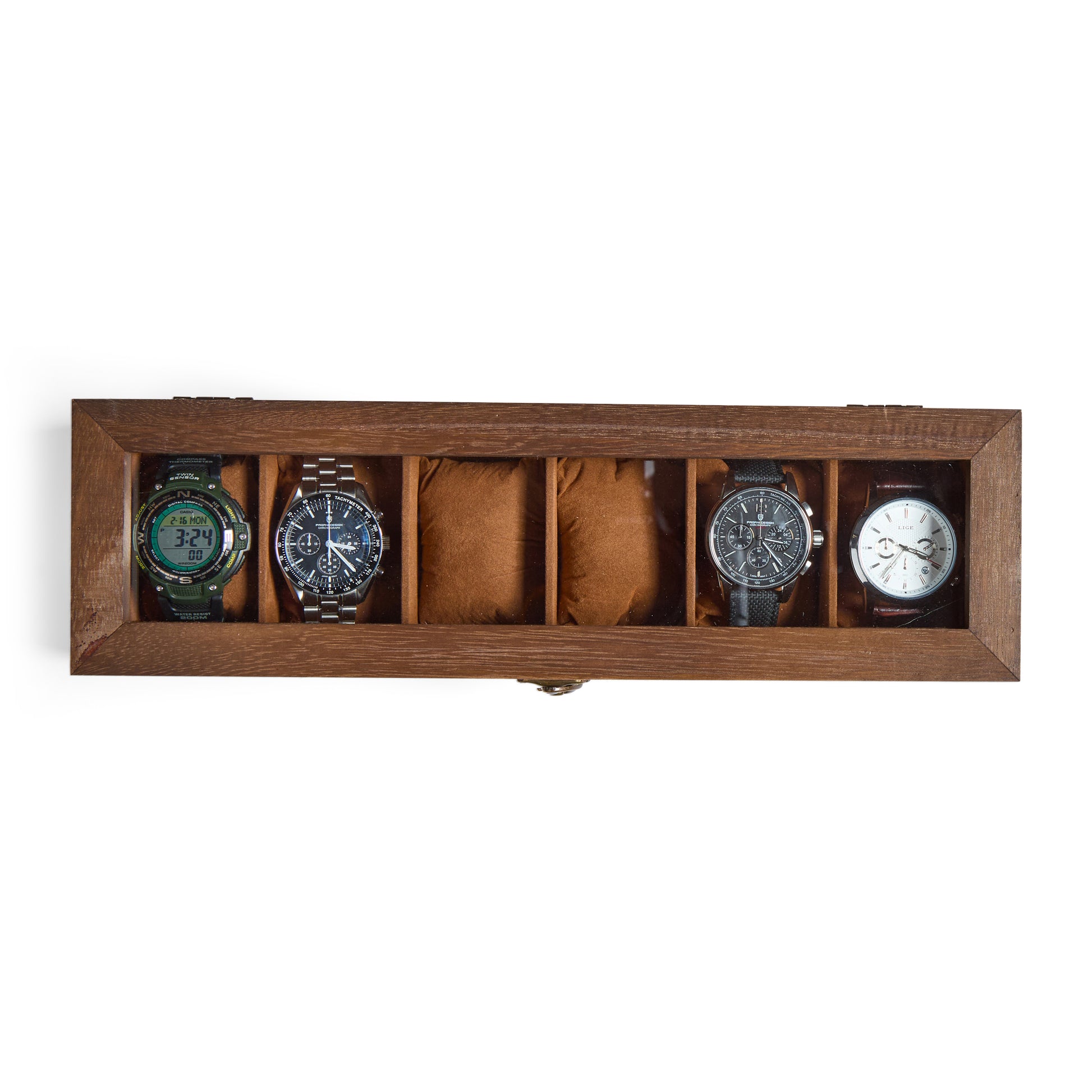Rustic wooden watch box with personalized initials and premium interior watch case