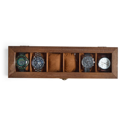 Rustic wooden watch box with personalized initials and premium interior watch case