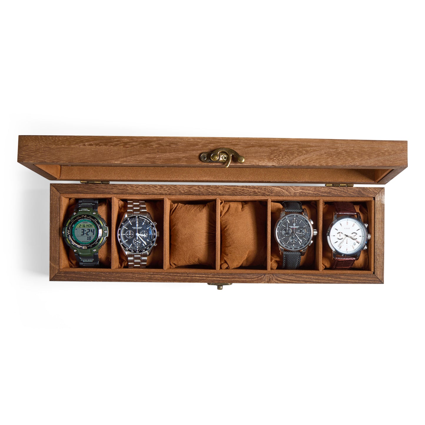 Custom engraved watch box organizer with multiple slots and glass lid