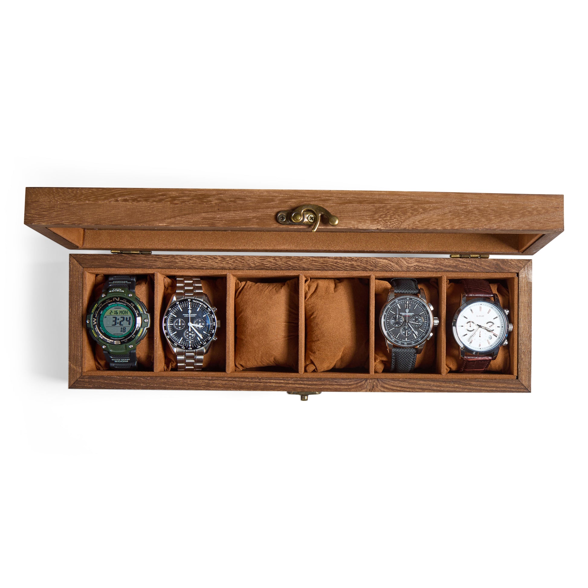 Custom engraved watch box organizer with multiple slots and glass lid