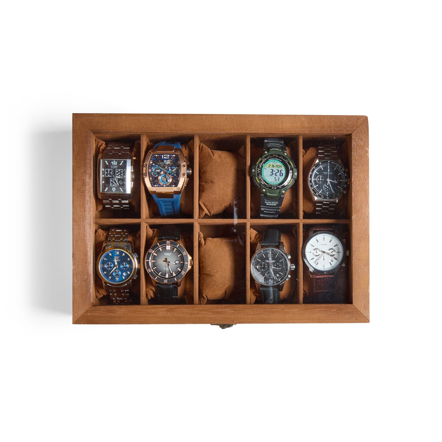 Minimalist wooden watch box featuring personalized monogram engraving