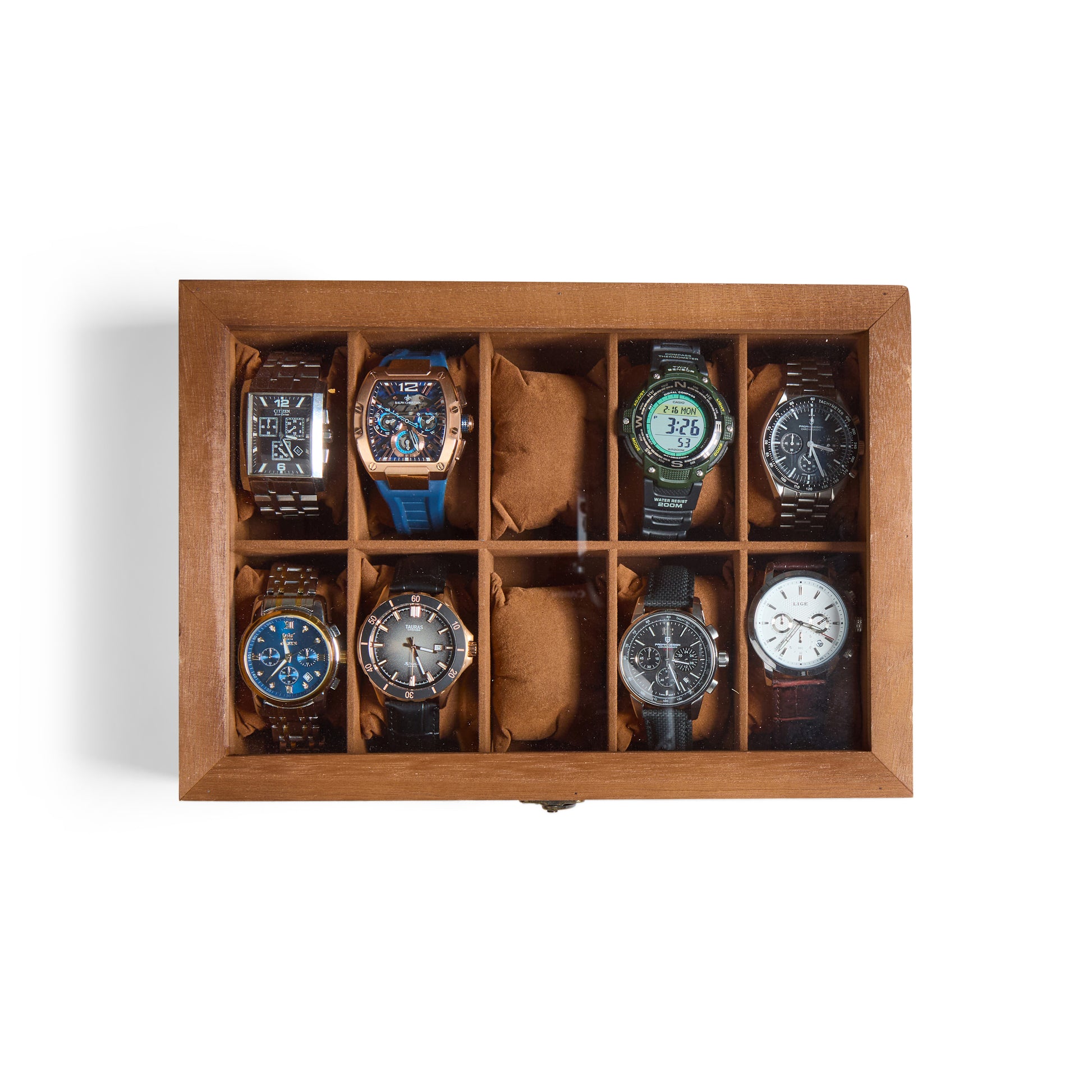 Minimalist wooden watch box featuring personalized monogram engraving