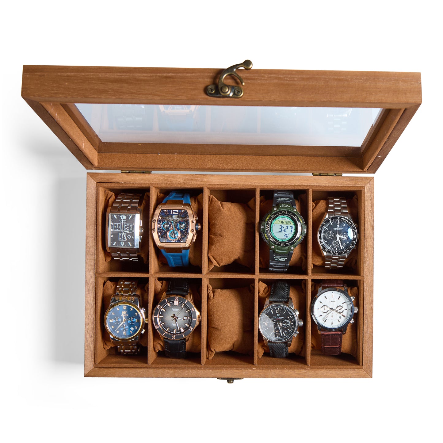 High‑end wooden watch box with custom initials and luxury box features