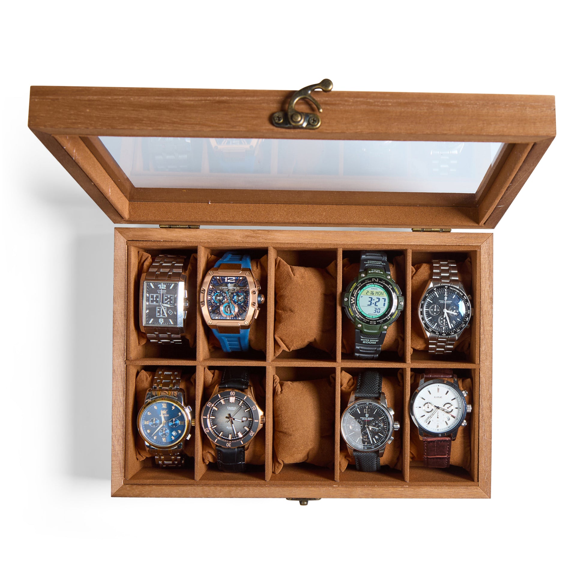 High‑end wooden watch box with custom initials and luxury box features