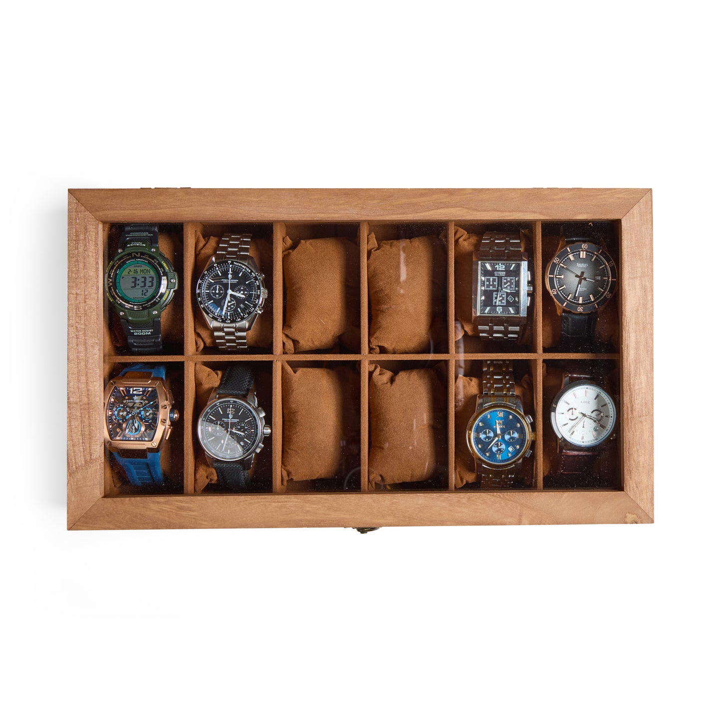 Custom engraved watch box organizer with multiple slots and glass lid
Minimalist wooden watch box featuring personalized monogram engraving