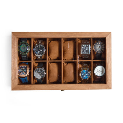 Custom engraved watch box organizer with multiple slots and glass lid
Minimalist wooden watch box featuring personalized monogram engraving