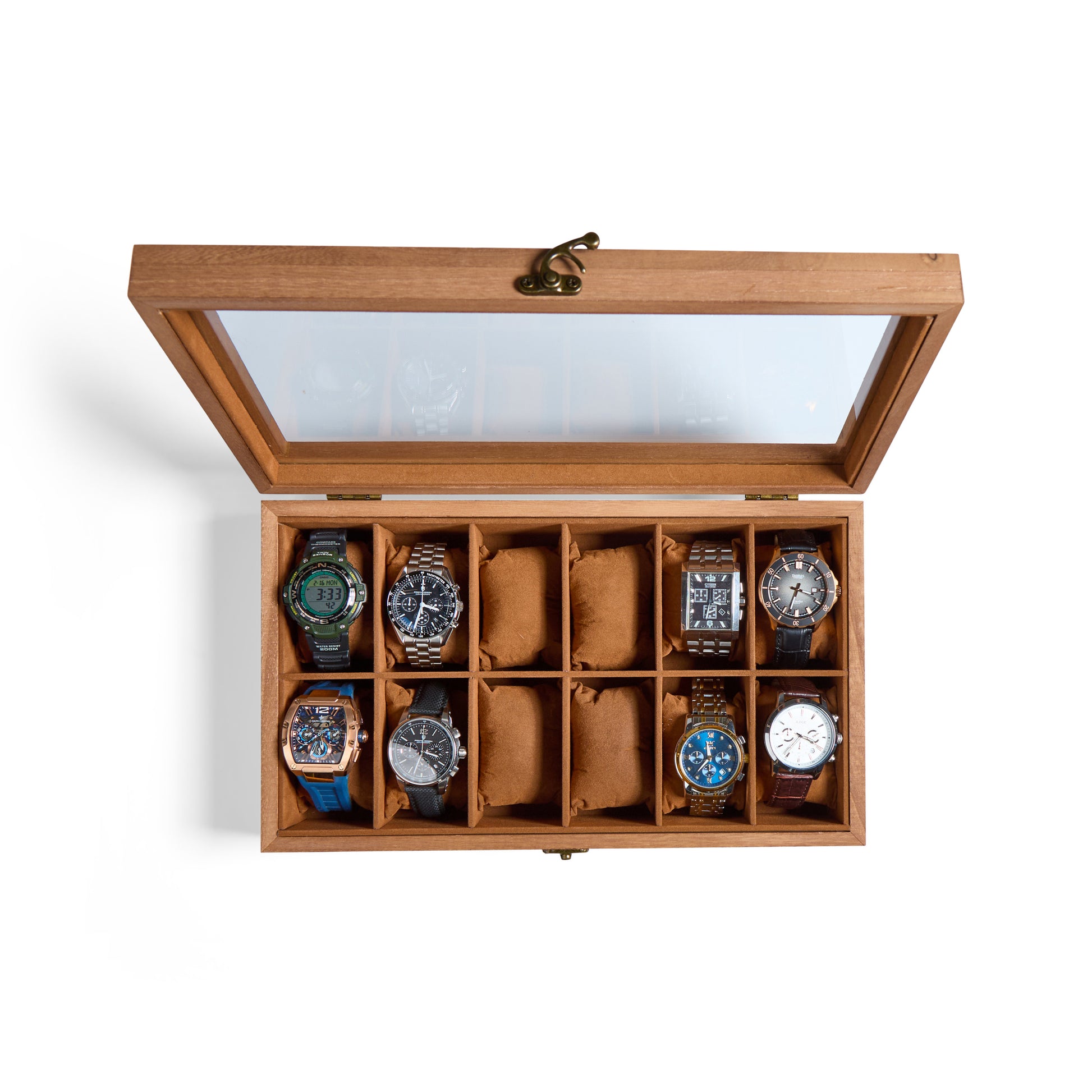 wooden watch box with custom engraving and glass lid
Luxury rustic watch box with and velvet interior