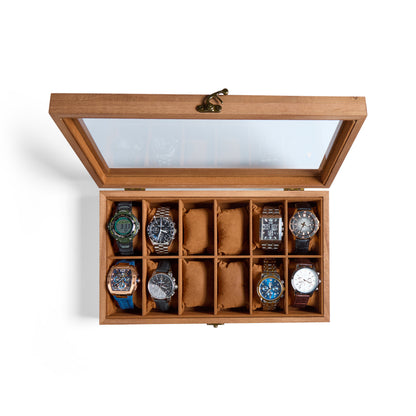 wooden watch box with custom engraving and glass lid
Luxury rustic watch box with and velvet interior