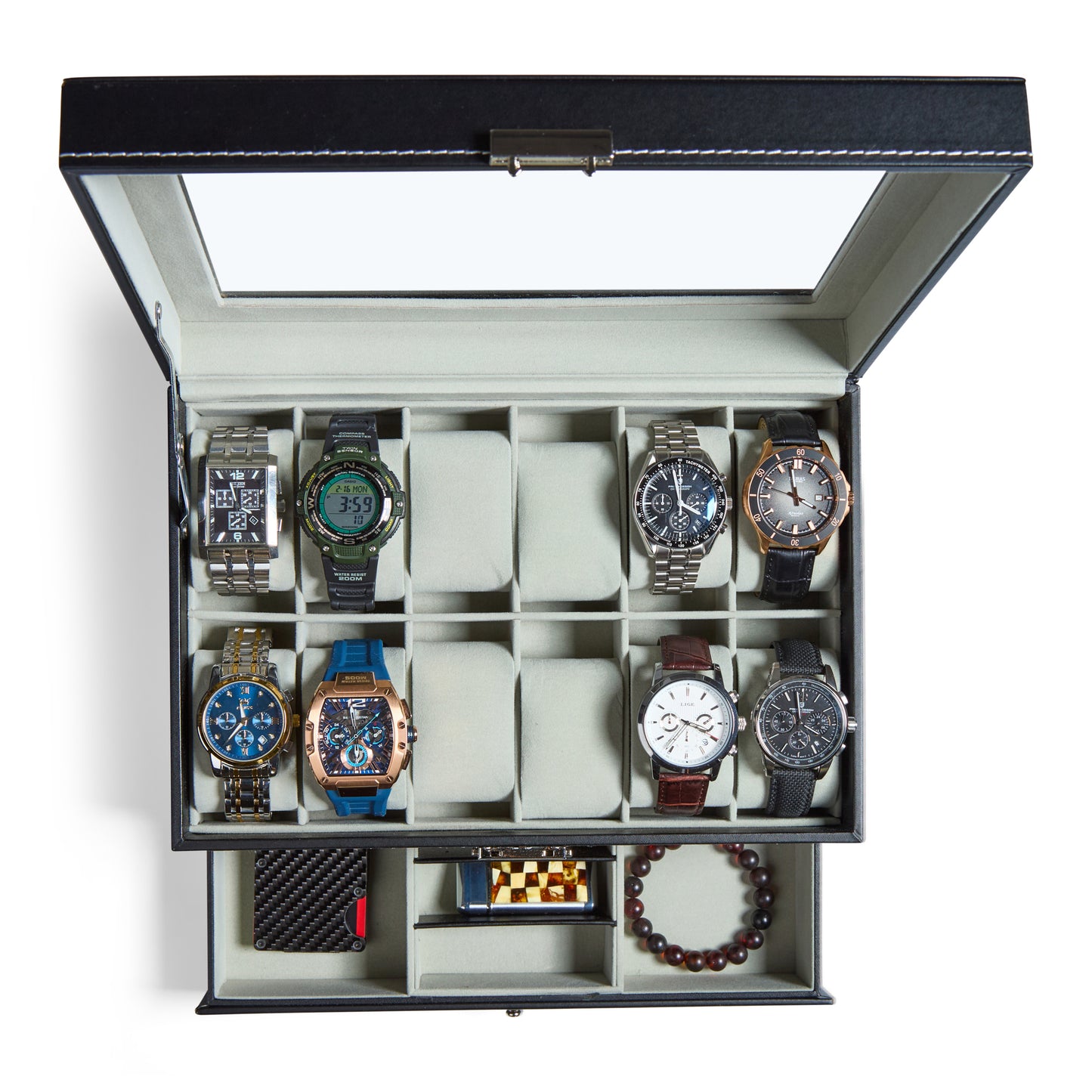 Personalized Leather Watch Box with Jewelry Case 12 Slots