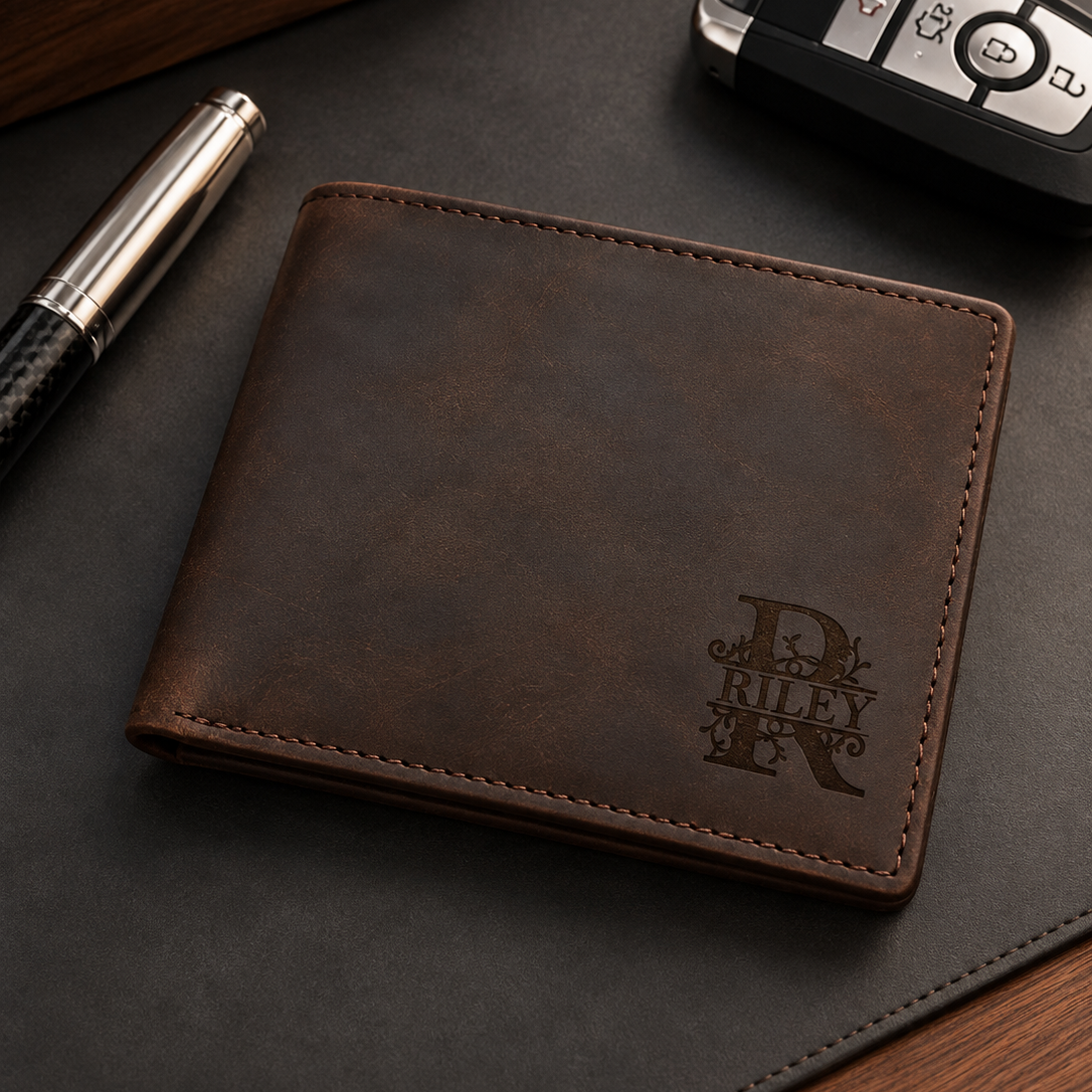 Personalized brown leather bifold wallet with RILEY monogram engraving on a luxury matte charcoal desk with walnut accents, fountain pen, and car key. The lighthouse goods