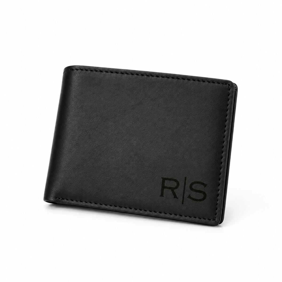 Personalized black leather bifold wallet with custom monogram engraving The lighthouse goods Personalized black leather bifold wallet for men RS monogram engraving on the lower right corner, photographed on a clean white background. The lighthouse goods
