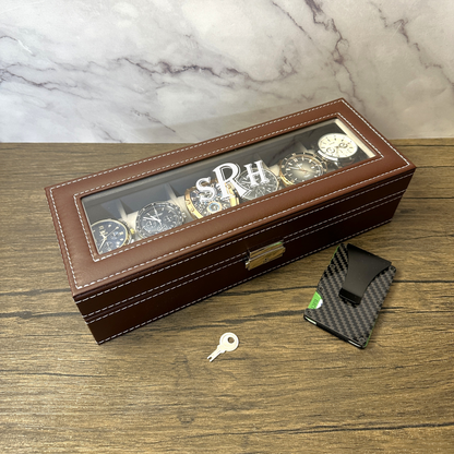 Personalized Engraved Leather Watch Box 6 Slots for Men