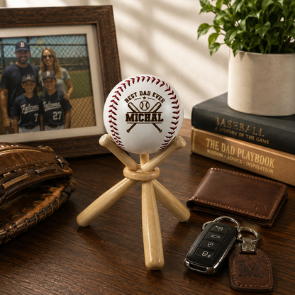 Personalized baseball ball best dad gift keepsake displayed on an office desk with family photos