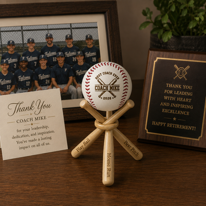 Personalized baseball coach keepsake displayed on an office desk with baseball trophies
