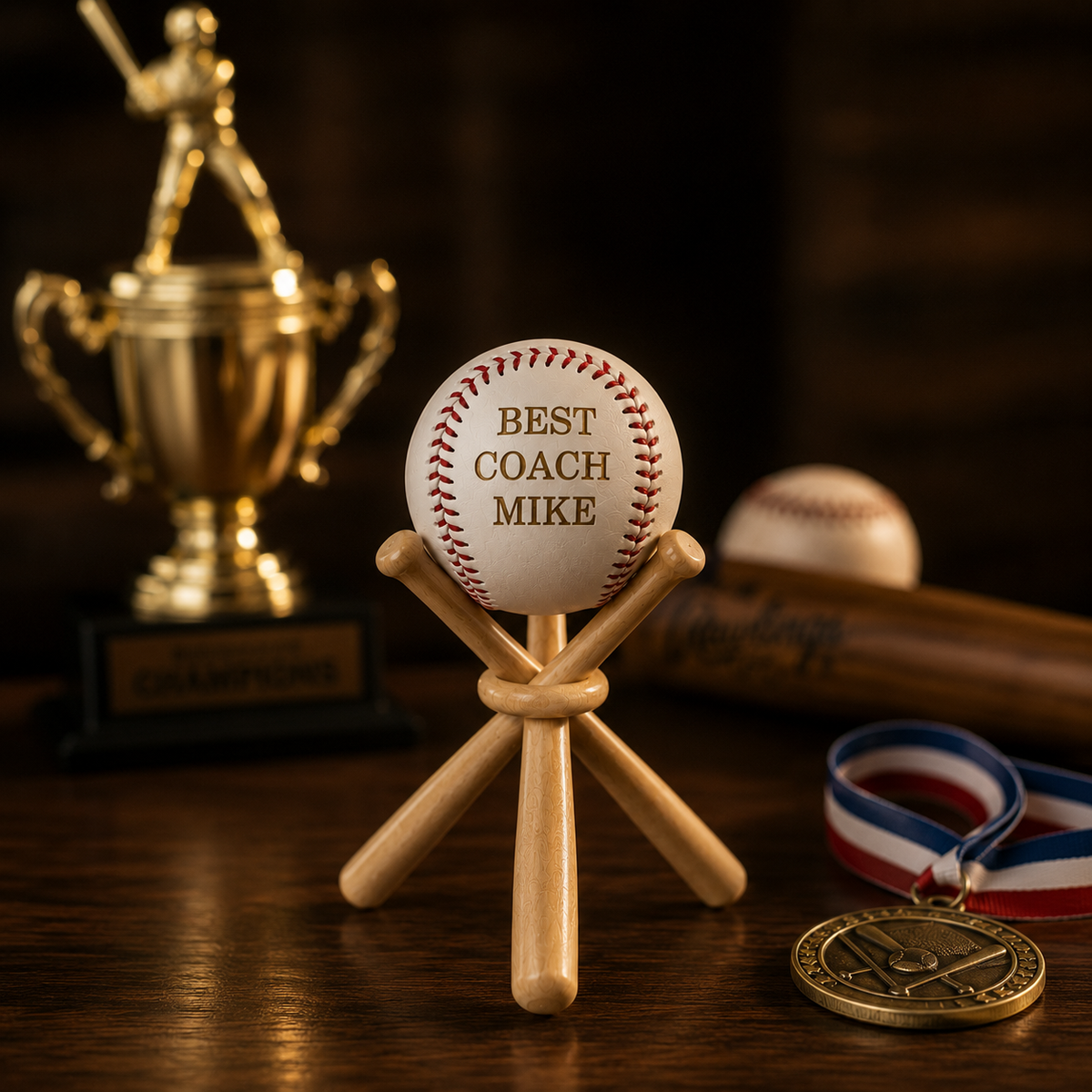Personalized baseball coach keepsake displayed on an office desk with baseball trophies