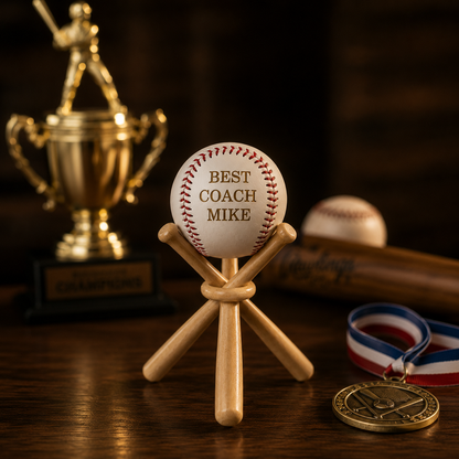 Personalized baseball coach keepsake displayed on an office desk with baseball trophies
