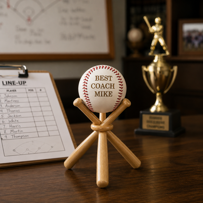 Personalized baseball coach gift with custom engraved baseball on wooden bat stand