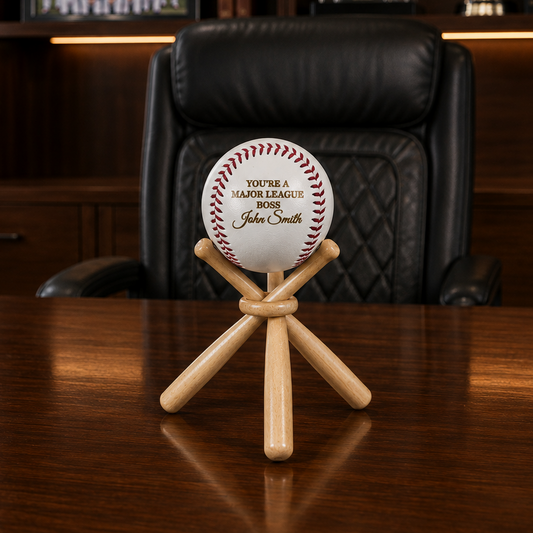 Personalized baseball boss gift with custom engraved baseball on wooden bat stand, unique Boss's Day appreciation gift