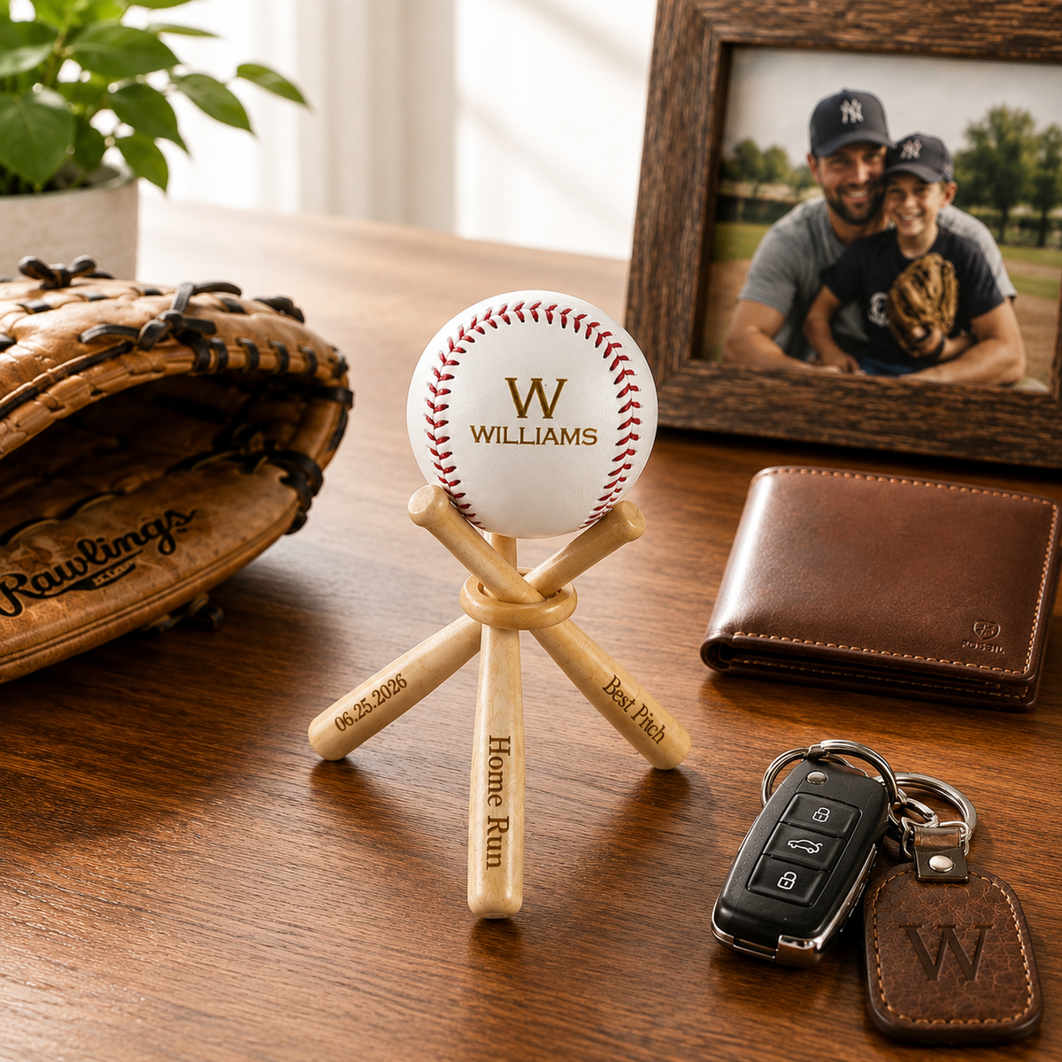 Custom baseball and miniature wooden bat stand displayed on office desk, thoughtful gift for a boss who loves baseball