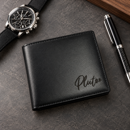 Personalized black leather bifold wallet for men with Pluto name engraving and paw prints, displayed on a luxury matte charcoal desk beside a black watch and pen. The lighthouse goods