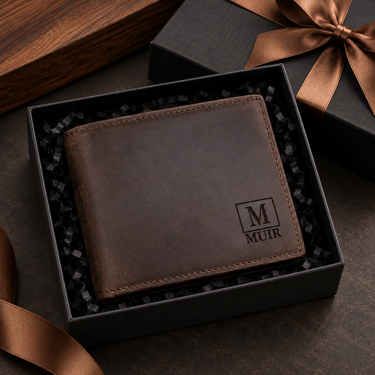 Custom engraved brown leather bifold wallet for men with MUIR initials, displayed in a black gift box with ribbon. Personalized gift for dad, husband, or boyfriend. The lighthouse goods