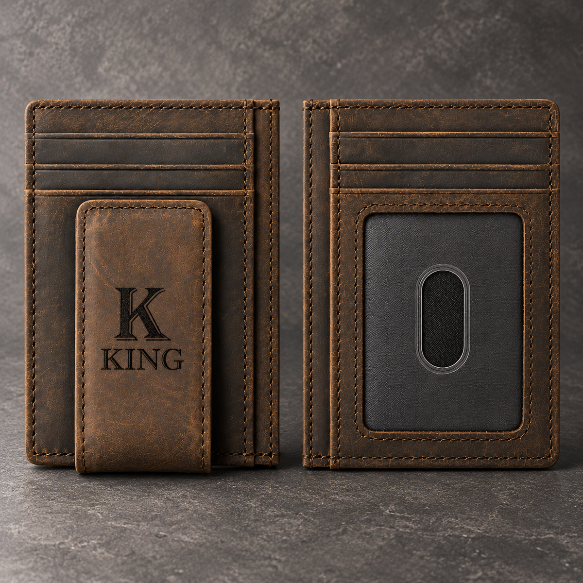 Front and back views of a personalized brown leather money clip wallet with custom engraved K KING monogram, multiple card slots, and a clear ID window, displayed side by side on a charcoal gray background.