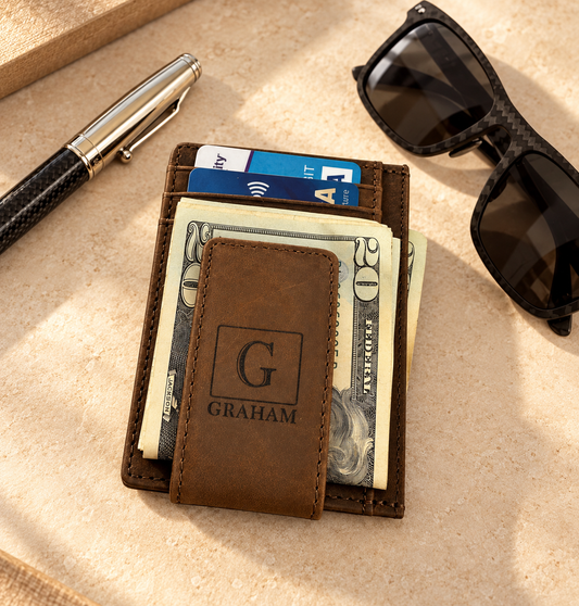 A slim brown leather wallet with a monogram 'Graham' inscribed on the front, displayed alongside sunglasses and a pen on a wooden surface.