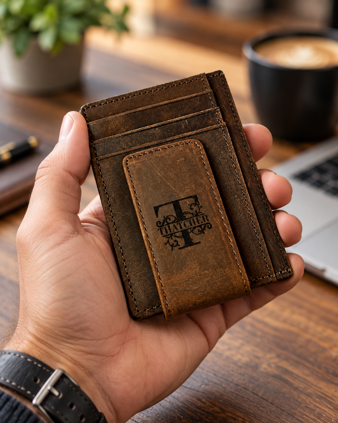 Man holding a personalized brown leather slim wallet with engraved Thatcher monogram, front card slots and money clip. Minimalist men's wallet shown in a luxury office setting with wooden desk and laptop, highlighting custom engraving and compact design.
