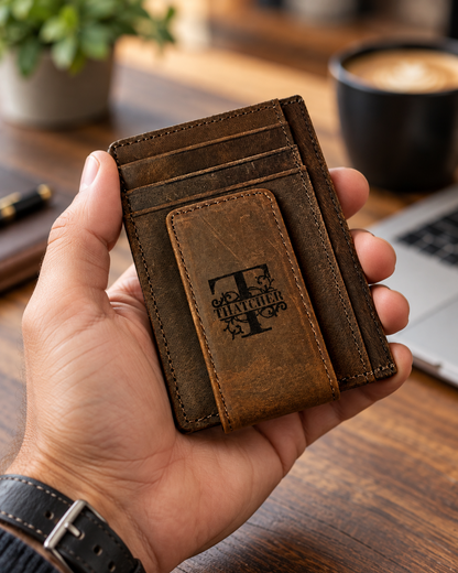 Man holding a personalized brown leather slim wallet with engraved Thatcher monogram, front card slots and money clip. Minimalist men's wallet shown in a luxury office setting with wooden desk and laptop, highlighting custom engraving and compact design.
