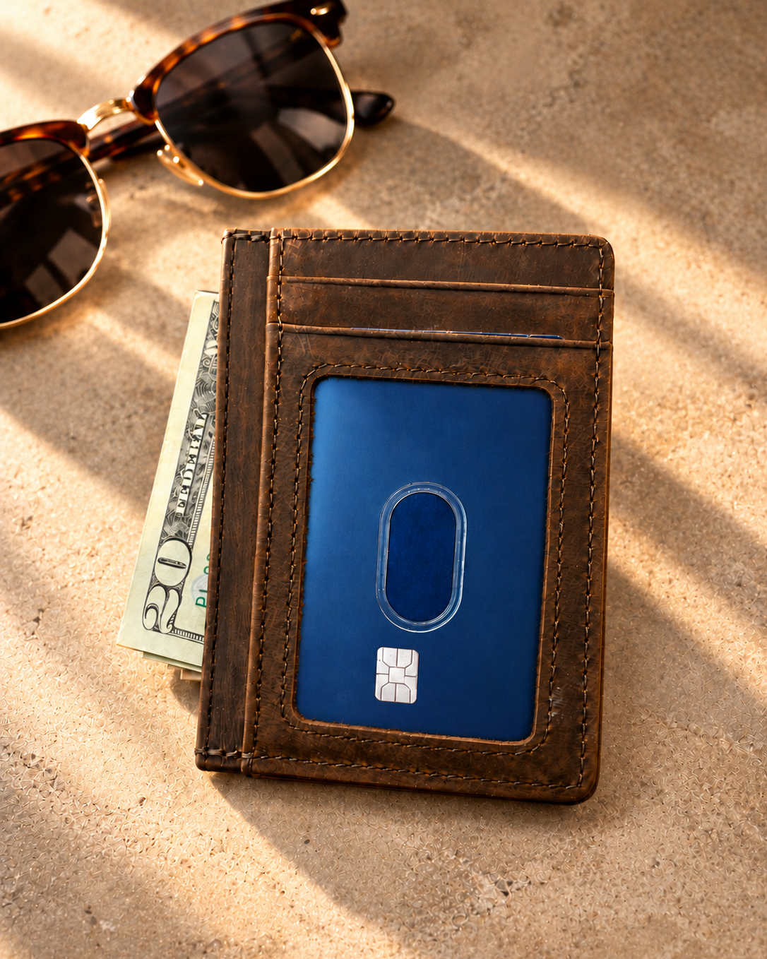 Personalized brown leather minimalist wallet with engraved G monogram and Graham name, money clip holding cash and card slots, displayed with sunglasses and luxury pen on a warm beige background.
