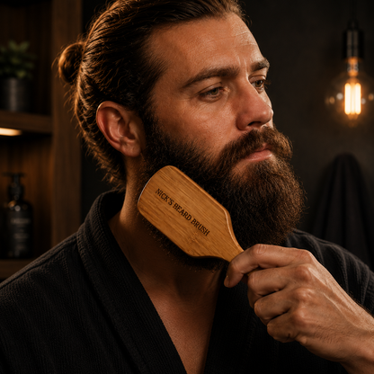 Engraved wooden beard brush for men, men brushing the beard, custom bamboo grooming brush with boar bristles for daily beard care.